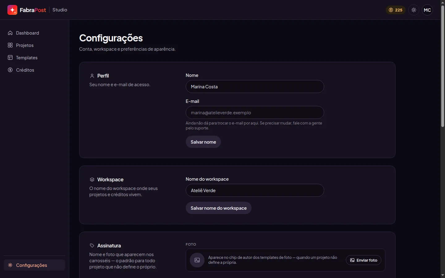 Tela de configurações do FabraPost, em duas colunas, com as seções de perfil, assinatura e aparência