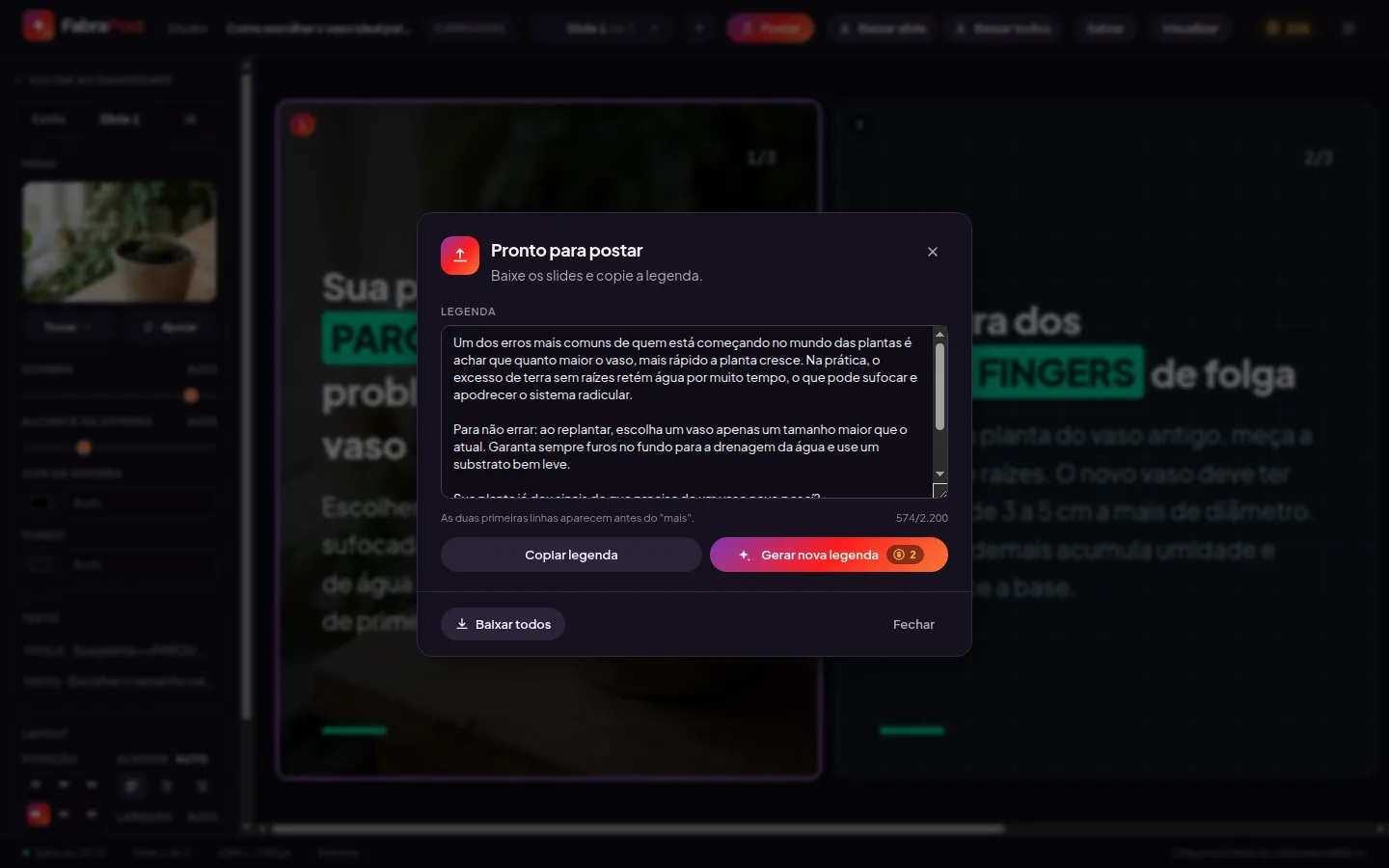 Tela de publicação do FabraPost com a legenda pronta, o contador de caracteres e os botões de copiar e baixar